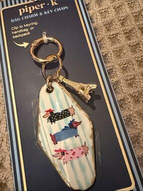 piper•k Gold Eiffel Tower Dachshund Key Chain - Cream & Pastel Stripe NWT